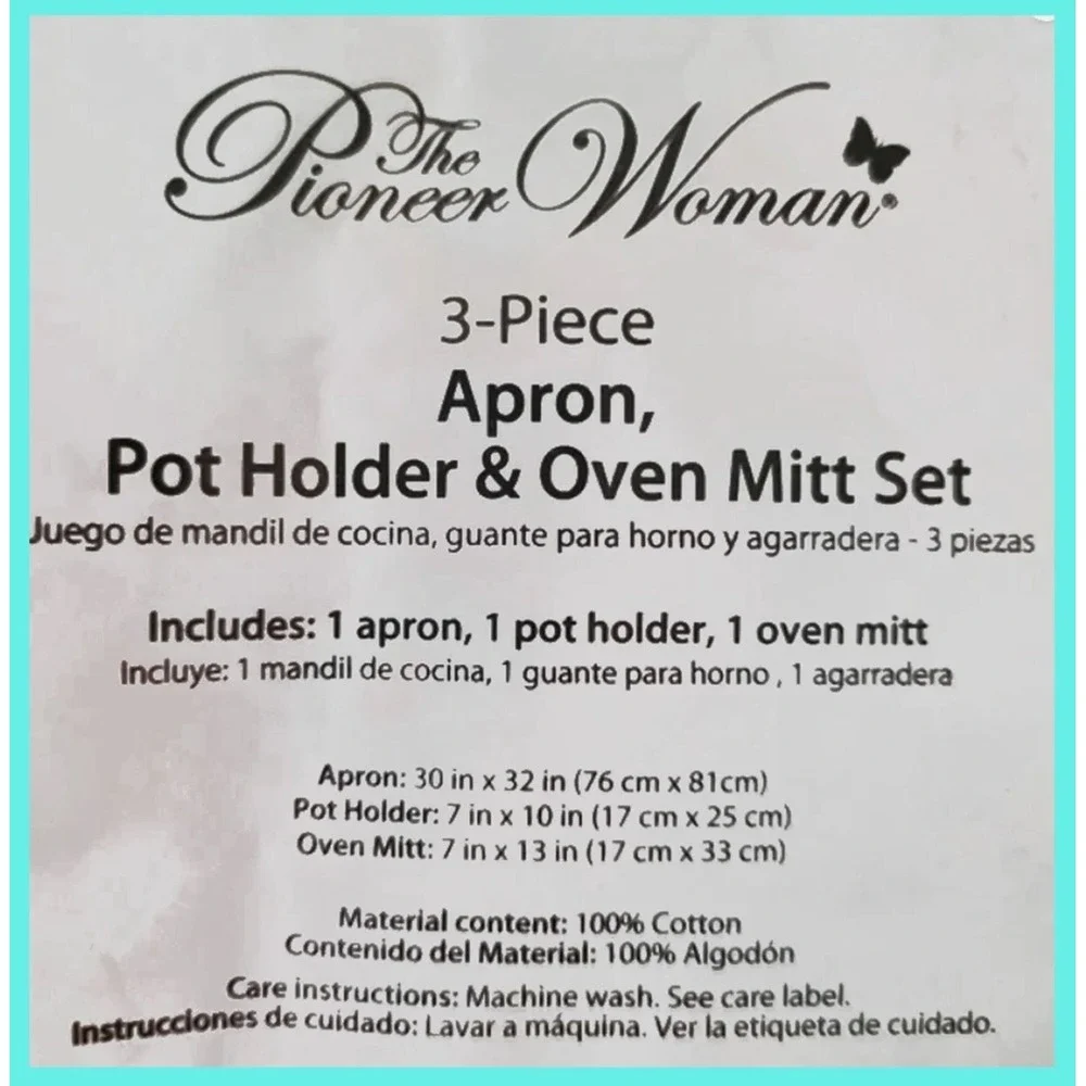 Pioneer Woman 3-Piece Kitchen Set Flea Market Pattern-Apron, Oven Mitt Potholder
